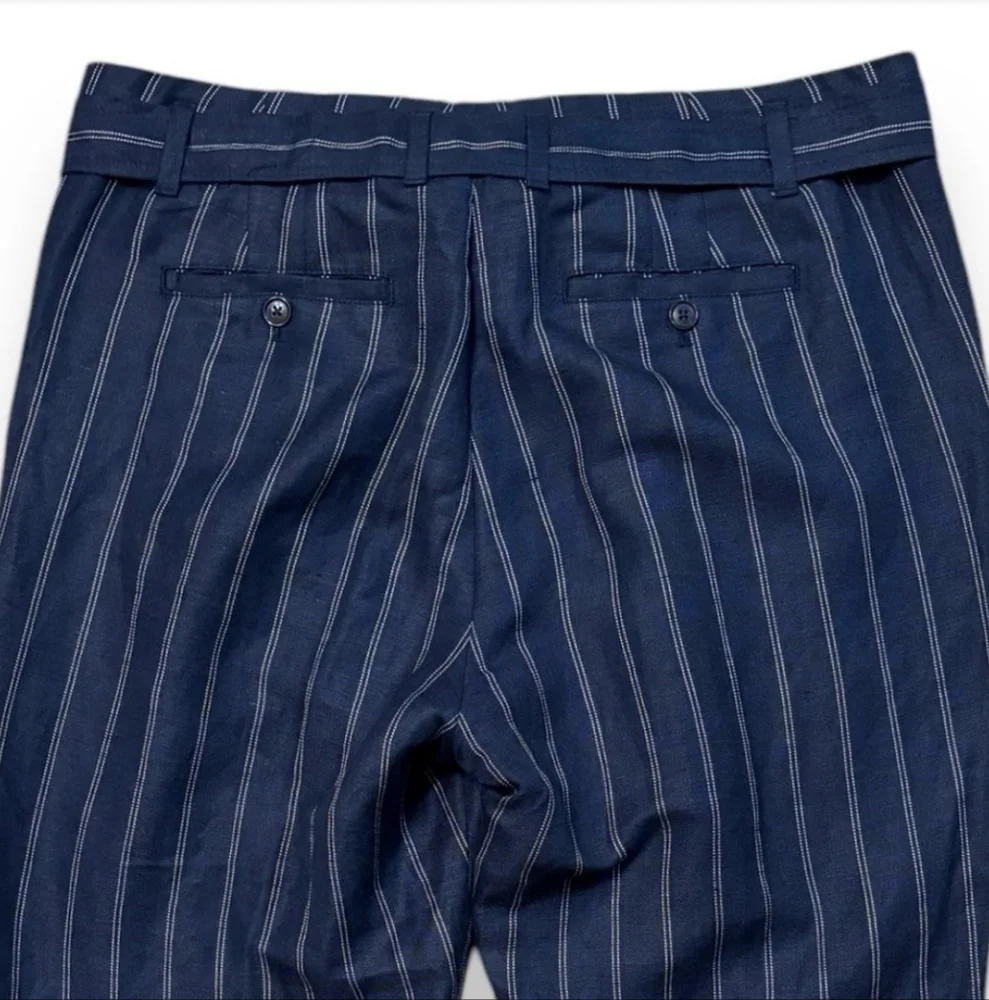 BANANA REPUBLIC Navy Striped Linen Blend Cropped Trousers Paper Bag Waist